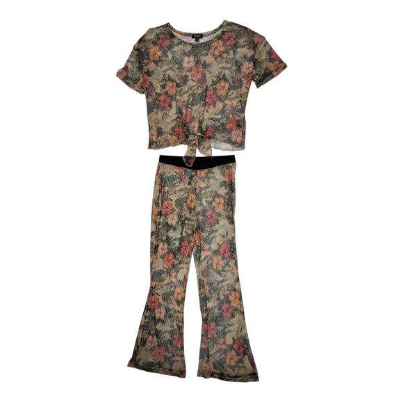Rouge Mesh Floral Bell Bottom Pants Set Tie Front Crop Top Boho‎ Women's Size 1X - Picture 2 of 13